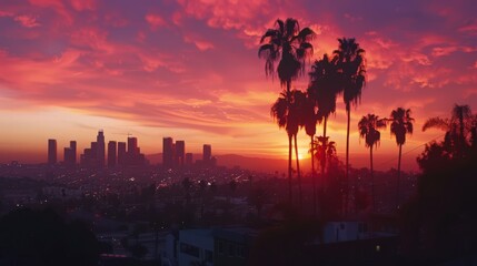 Present the Los Angeles skyline during a vibrant sunset, with hues of orange and pink painting the...