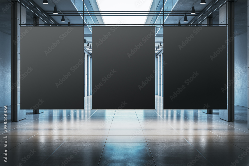 Aufkleber modern office corridor with reflections and empty black mock up posters. 3d rendering.