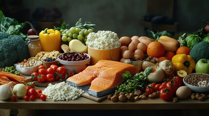 Vibrant selection of fresh vegetables, fruits, and nutritious salmon on a rustic table, ideal for health and wellness themes.