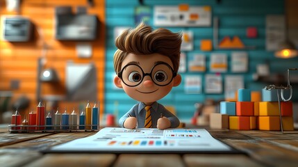 Fototapeta premium 3D cartoon rendering of an entrepreneur reviewing a business plan, concentrating on current goals and strategic planning.