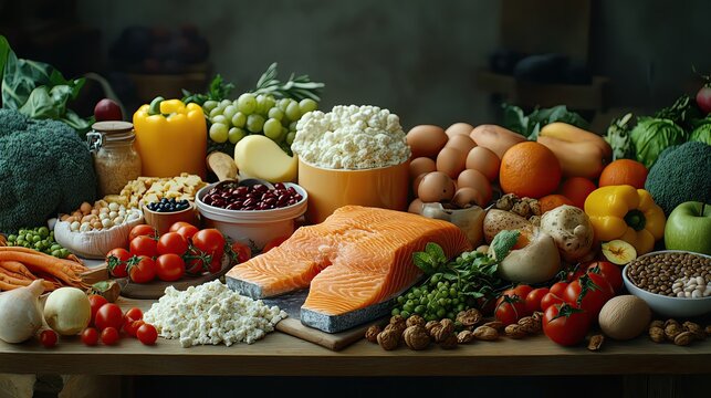 Vibrant selection of fresh vegetables, fruits, and nutritious salmon on a rustic table, ideal for health and wellness themes.