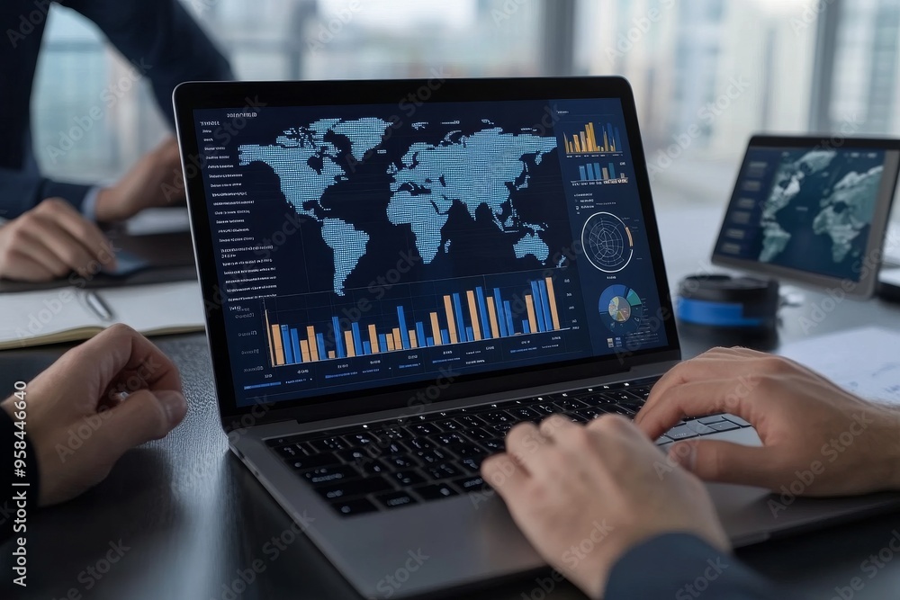 Poster a businessman uses a laptop to analyze statistics data on the screen, while working online with grap