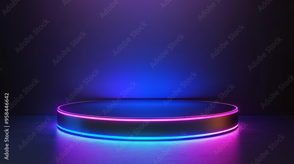 Poster using purple neon lights and abstract background, we can create a 3d picture of a stage with a circl