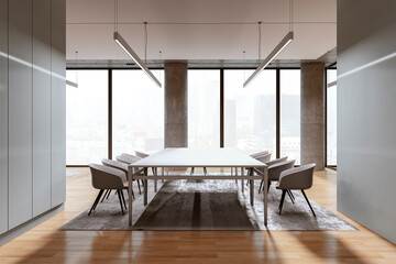 Contemporary meeting room interior with window and city view, wooden flooring and glass partitions. 3D Rendering.