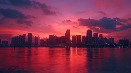 Present the Miami skyline during a sunset, with hues of orange and pink casting a warm glow over the city.