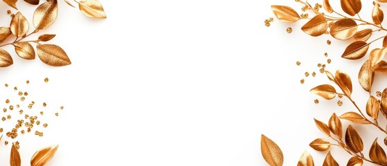 Elegant circle frame of gold leaves and eucalyptus branches, sparkling glitter accents, set against a pure white background, perfect for wedding stationery