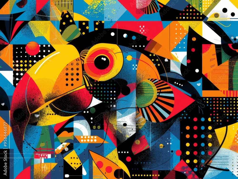 Poster abstract colorful toucan illustration with geometric patterns and vibrant colors. a bold and modern 