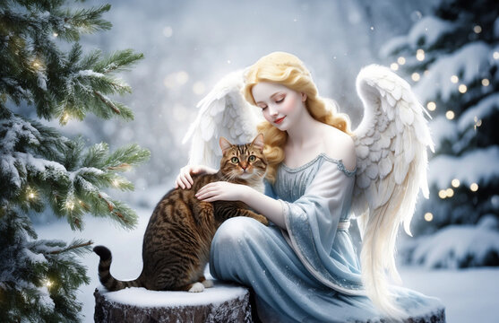realistic illustration of winter angel archangel with beautiful tabby cat in christmas landscape 