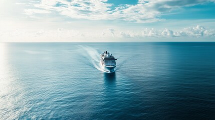 A cruise ship viewed from the sky, sailing through the calm, vast ocean, with the horizon stretching out into the distance