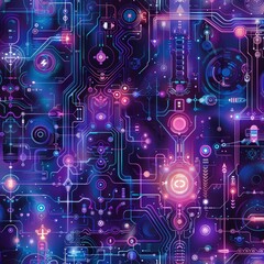 Fototapeta premium Abstract digital art with glowing circuit boards and vibrant colors.