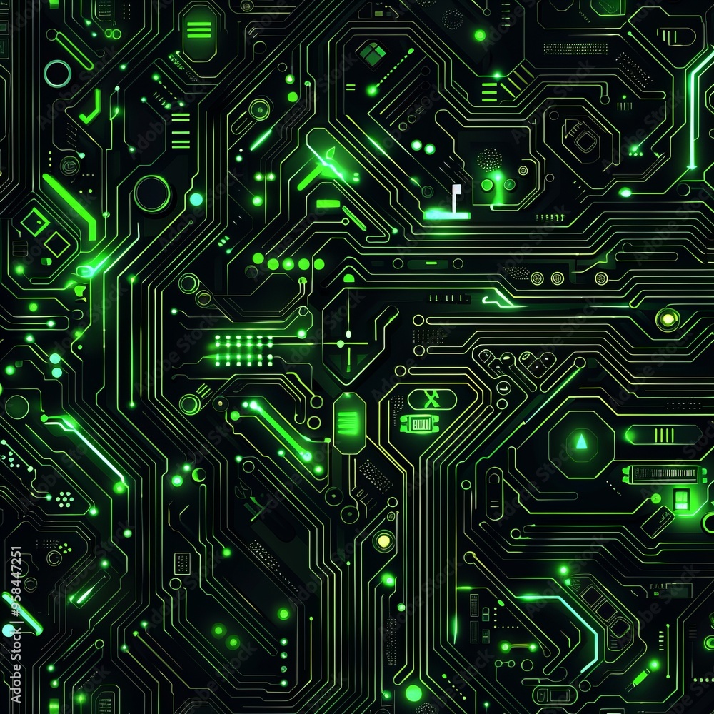 Aufkleber abstract digital circuit board with glowing green lines and components. futuristic tech background.