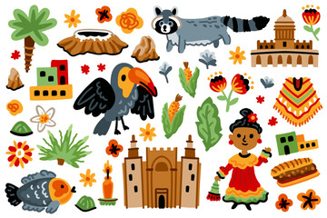 Fototapeta premium Set of Latin American elements. Symbols of Mexico. Nature, animals, characters, objects. For maps and children's designs. Travel landmarks illustrations. Cartoon style. Childish artwork