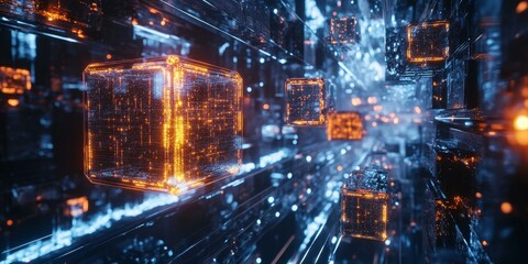 Fototapeta premium Glowing cubes in a futuristic tunnel.