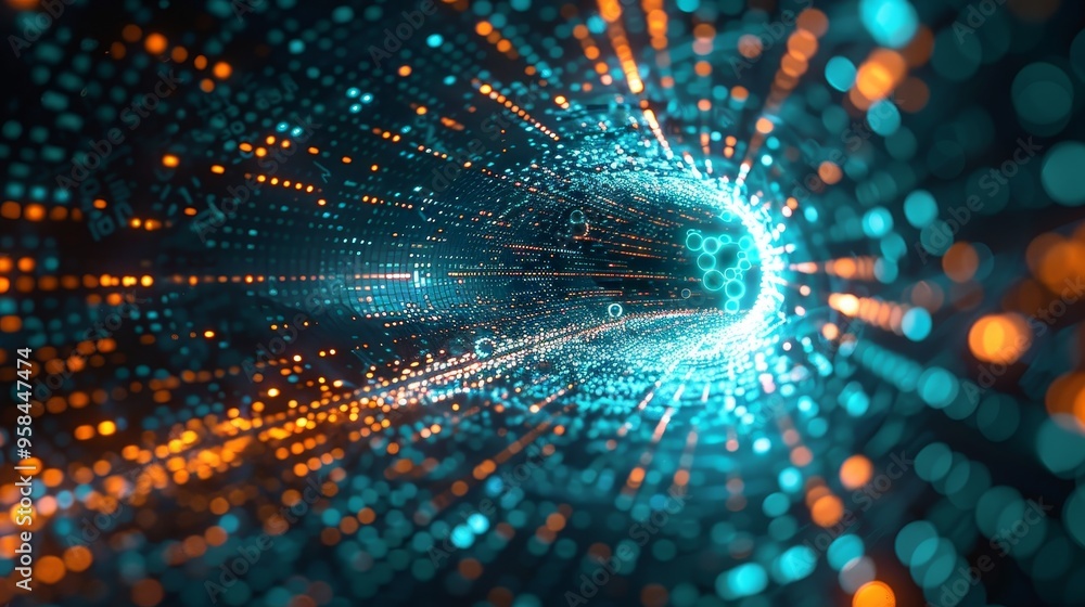Poster abstract digital tunnel with glowing lights and particles, representing data flow and technology.
