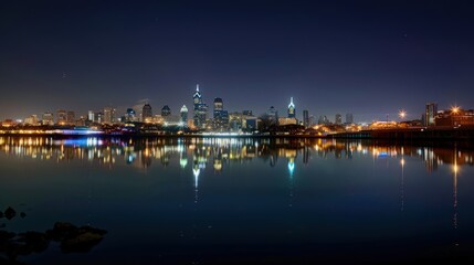 Obraz premium Present the Philadelphia skyline under a clear night sky, with the city lights reflecting on the calm waters