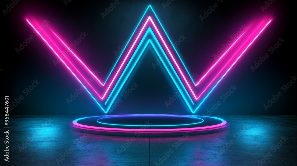 Poster three-dimensional rendering of triangle stage with neon light and fustic background, ultraviolet con