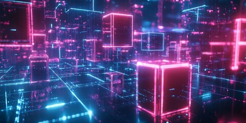 Naklejka premium Neon city with glowing cubes and lines.