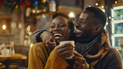 Joyful couple celebrating together in a festive atmosphere with twinkling lights in the background