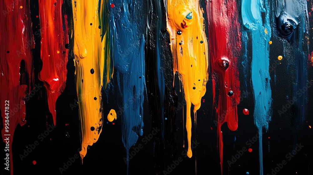 Poster vivid abstract paint drips in bright colors against a dark background, creating an energetic and dyn