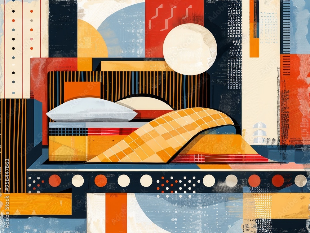 Poster abstract geometric pattern in warm colors with curved lines and geometric shapes.
