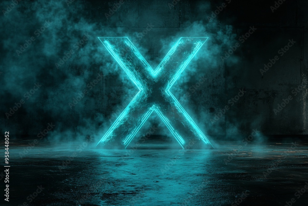 Poster this 3d rendering shows a framed lighten x alphabet shape on a grungy tiles floor surrounded by smok