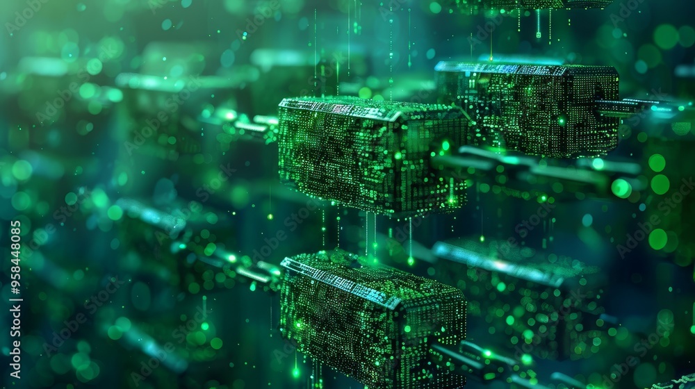 Poster abstract green chain links with a futuristic, digital aesthetic, suggesting connection and data flow