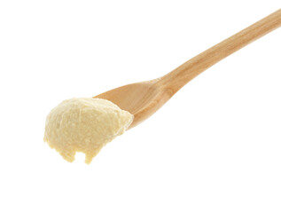Spoon with delicious hummus isolated on white