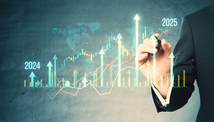 Close up of male hand with pen pointing at growing business chart grid hologram and map on blurry...
