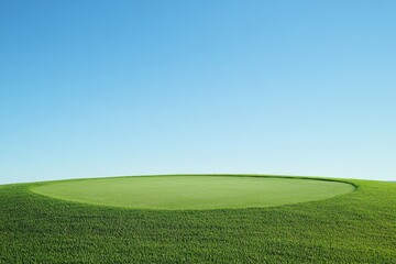 Obraz premium Perfectly manicured golf green with a vibrant blue sky on a sunny day, showcasing the serene beauty of a professional golfing landscape