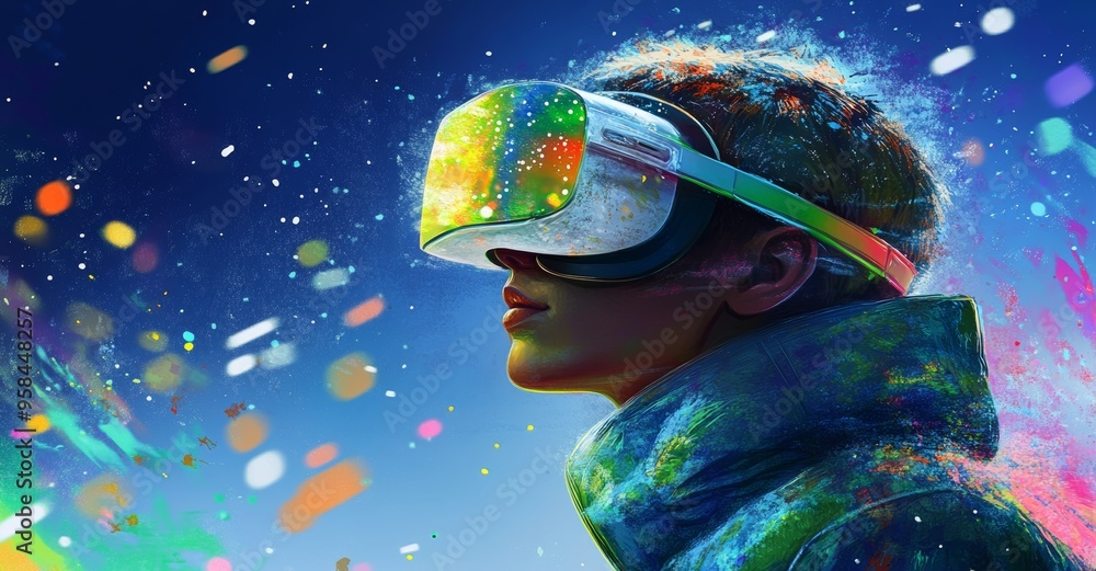 Aufkleber a man wearing a virtual reality headset is playing a game. a glitch effect is visible in the image.