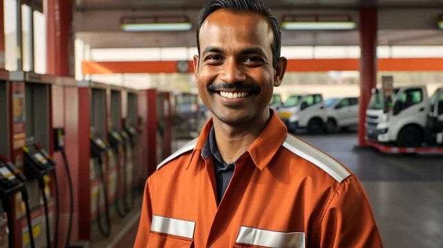 Fuel Station Attendant East Indian Smiles During Busy Day at Local Gas Station Generative AI