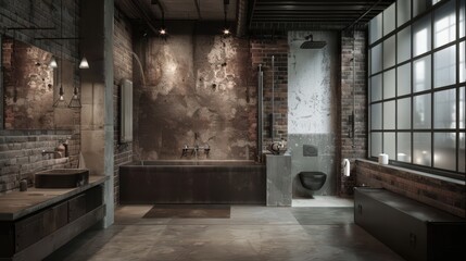 The industrial bathroom features exposed brick, metal fixtures, and concrete floors, providing a modern and edgy aesthetic