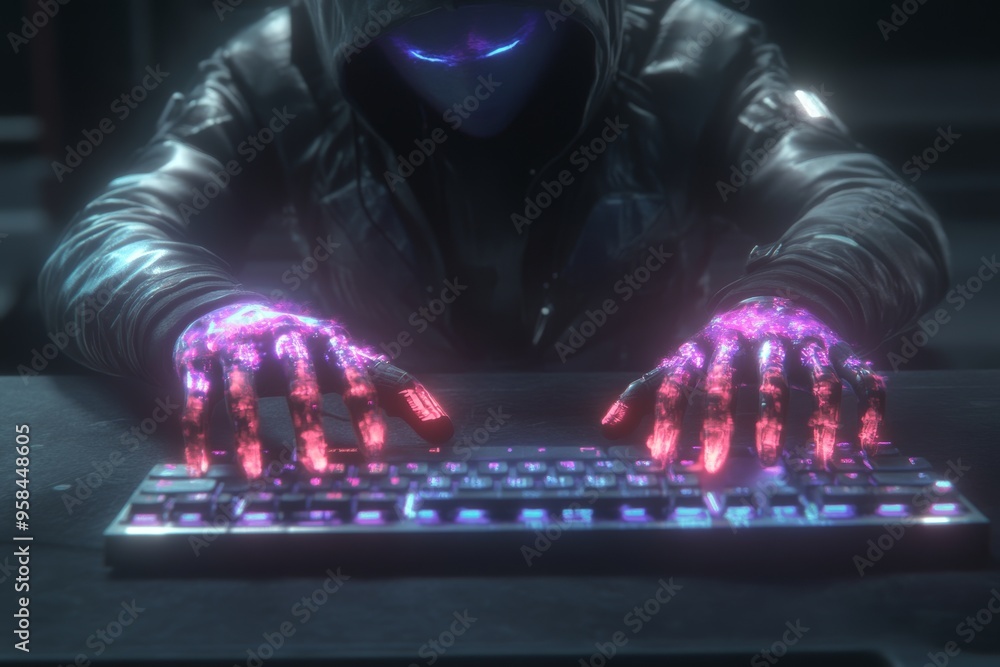 Poster the image shows a hacker in the hood typing text on a computer in a dark room. it has a glitch effec