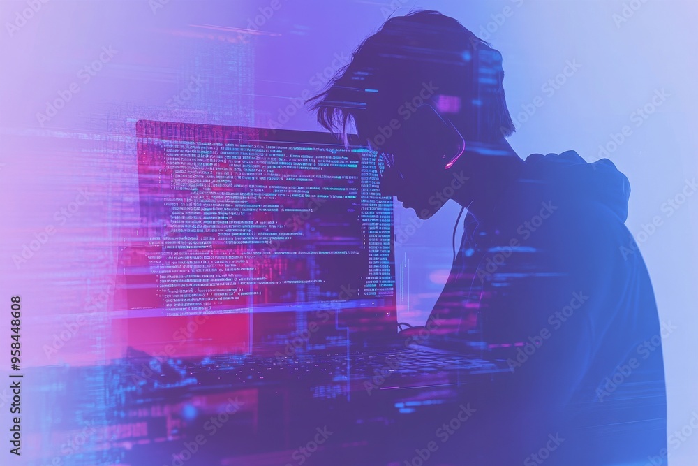 Poster the image shows a hacker working on his laptop in a dark room with an interface visible around him. 