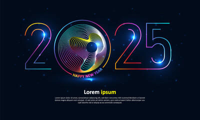2025 Happ New Year graphic design. Line style colorful number on blue background