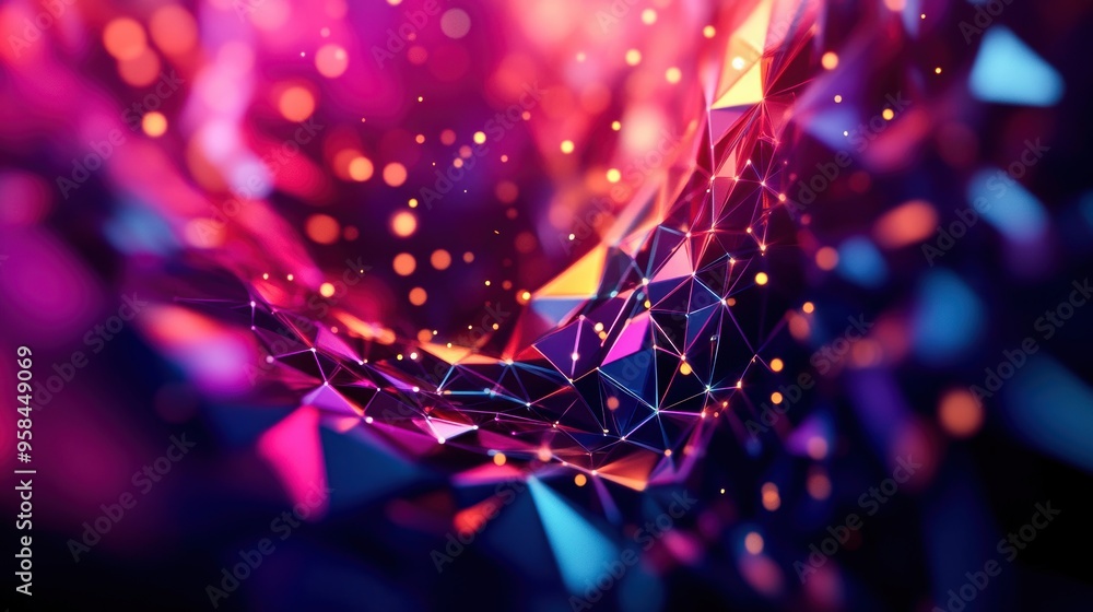 Poster dynamic 3d polygons forming a swirling, colorful vortex, a gateway into the digital world, sharp ang