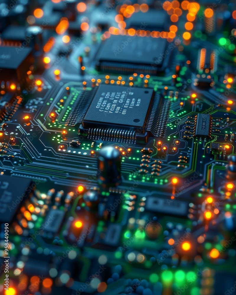 Poster close-up of a circuit board with glowing lights, showcasing the intricate design of modern technolog
