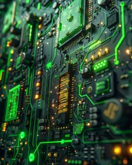 Fototapeta premium Close-up of a circuit board with glowing green and yellow lights. Abstract technology background.