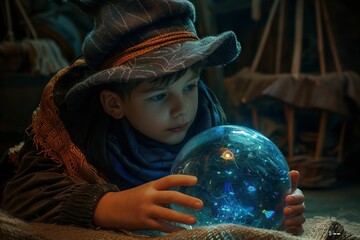 Naklejka premium Halloween scene of a young sorcerer and his crystal ball