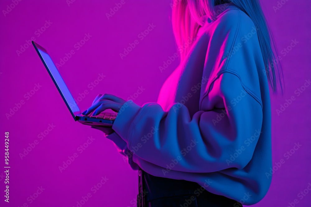 Poster working with a laptop in a dark room, a hacker types text. image with a glitchy effect.