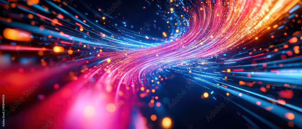 Poster swirling vortex of 3d polygons, forming a gateway to another dimension, with bright colors and compl