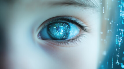 Close-up of child's blue eyes engaged with tv screen in late-night study session - modern education concept - high-quality stock photo