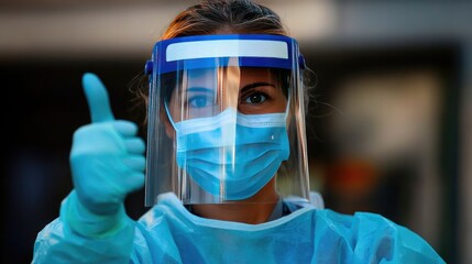 A healthcare worker giving a thumbs up while wearing a mask and gloves