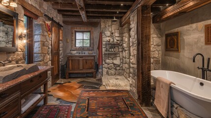 The rustic bathroom with exposed wooden beams, stone accents, and vintage fixtures offers a warm and inviting atmosphere