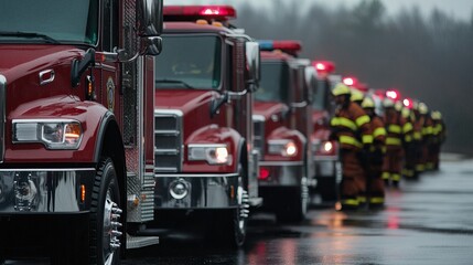 Naklejka premium Fire trucks lined up in preparation for a mission. AI generated image