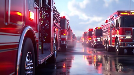 Fire trucks lined up in preparation for a mission. AI generated image
