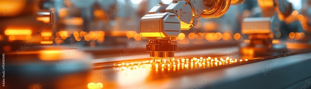 Poster robotic arm performing precision tasks in a high-tech manufacturing facility with glowing elements.