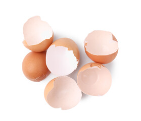 Pieces of broken eggshells isolated on white, above view