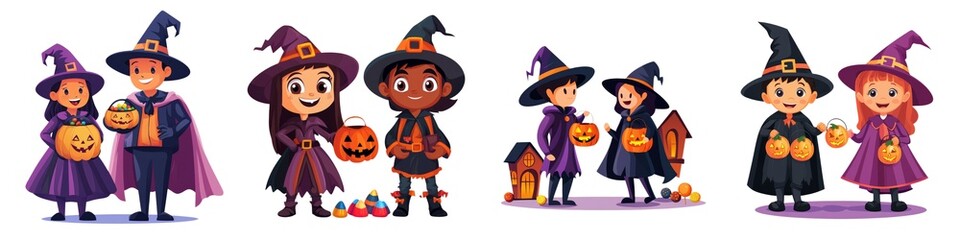 A colorful illustration of children dressed as witches celebrating Halloween with jack-o'-lanterns and festive attire.