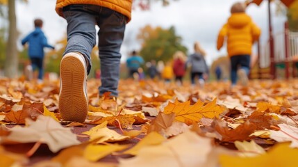 A child walks through colorful autumn leaves, capturing the essence of fall in a vibrant playground scene.